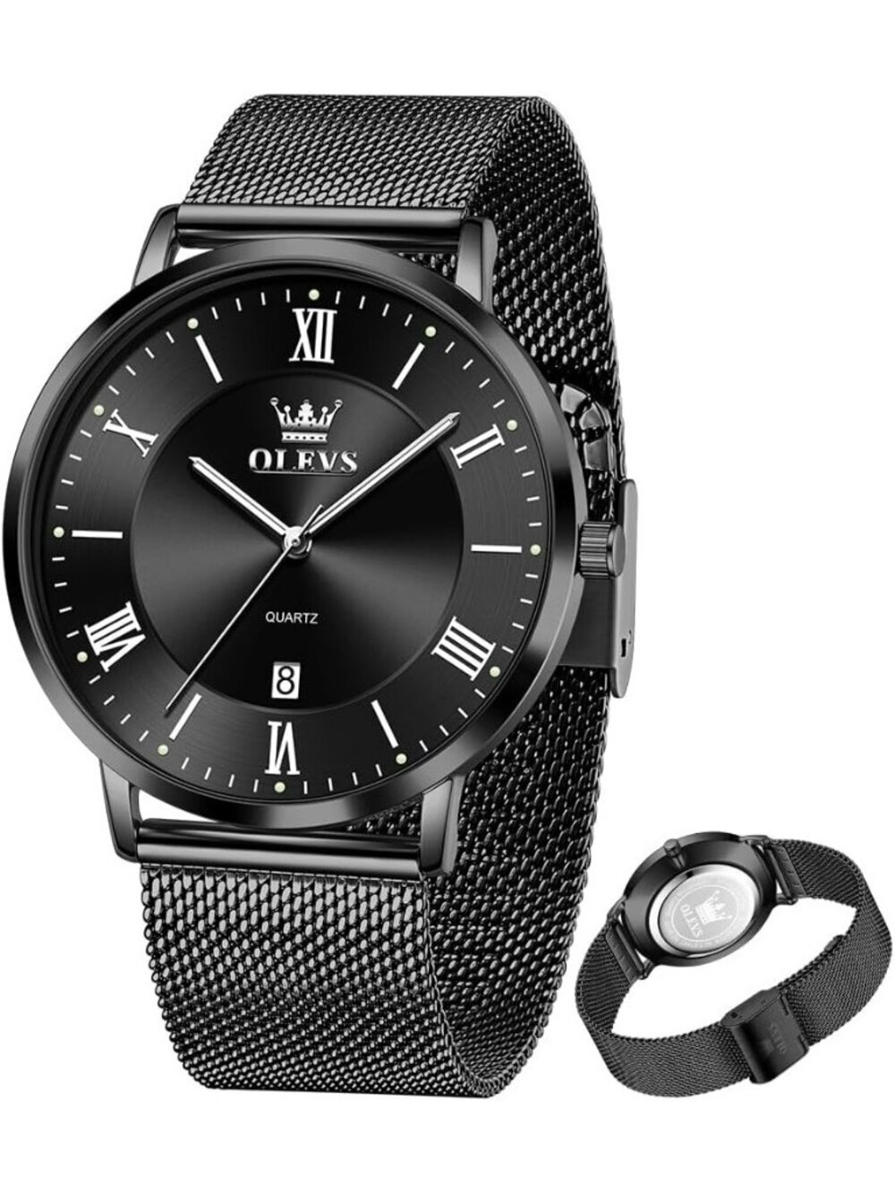 Men's All Black Analog Quartz Mesh Strap Luxury Luminous Waterproof Round Watch